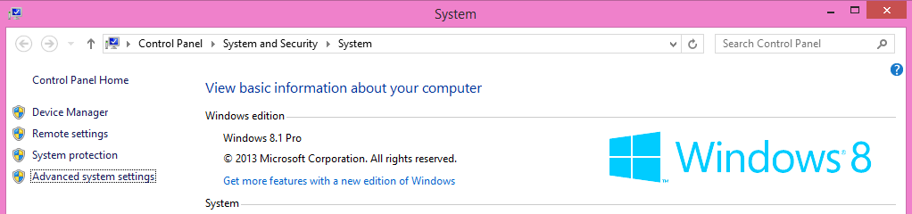 A screenshot of the System option under System and Security of the Control Panel.